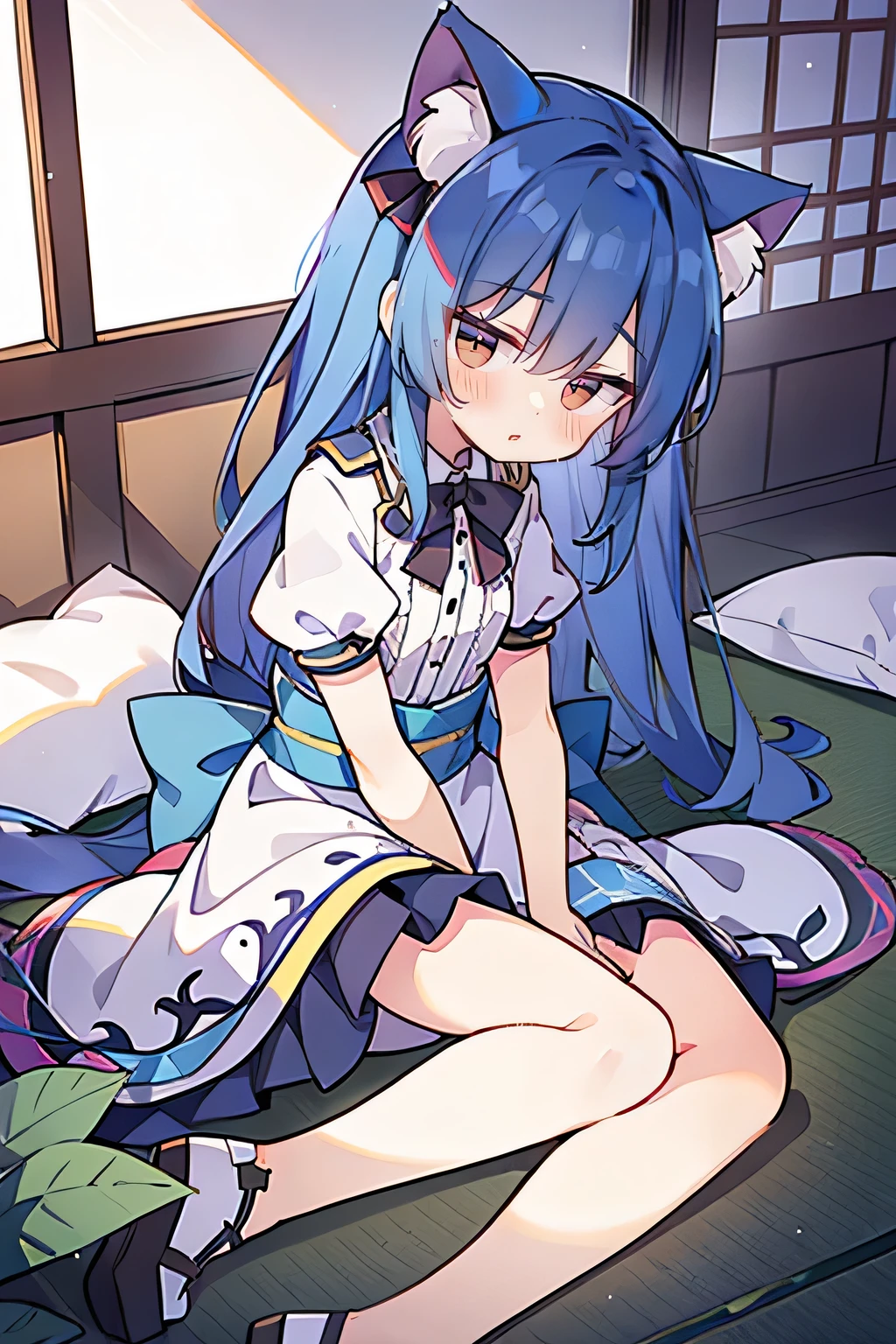 (Masterpiece), best quality, expressive eyes, perfect face, 1girl,
Put your hands on your waist, fair, gorgeous, Japanese comics, girl, Lola, young angel, blue hair, blue hair, flowing clothes, hug the waist, hug the waist, hands on hips, hands on hips, lay down , lying on the ground, legs on the ground, flat chest, cat ears