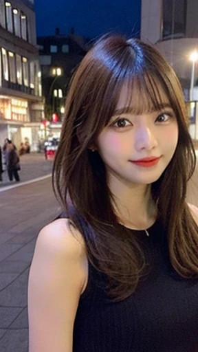 Beautiful Asian Woman、Beautiful Men、Beautiful eyes that women are drawn to、A man is asking a woman out on a date、Women with medium long hair、The whole body is visible、The background is the city