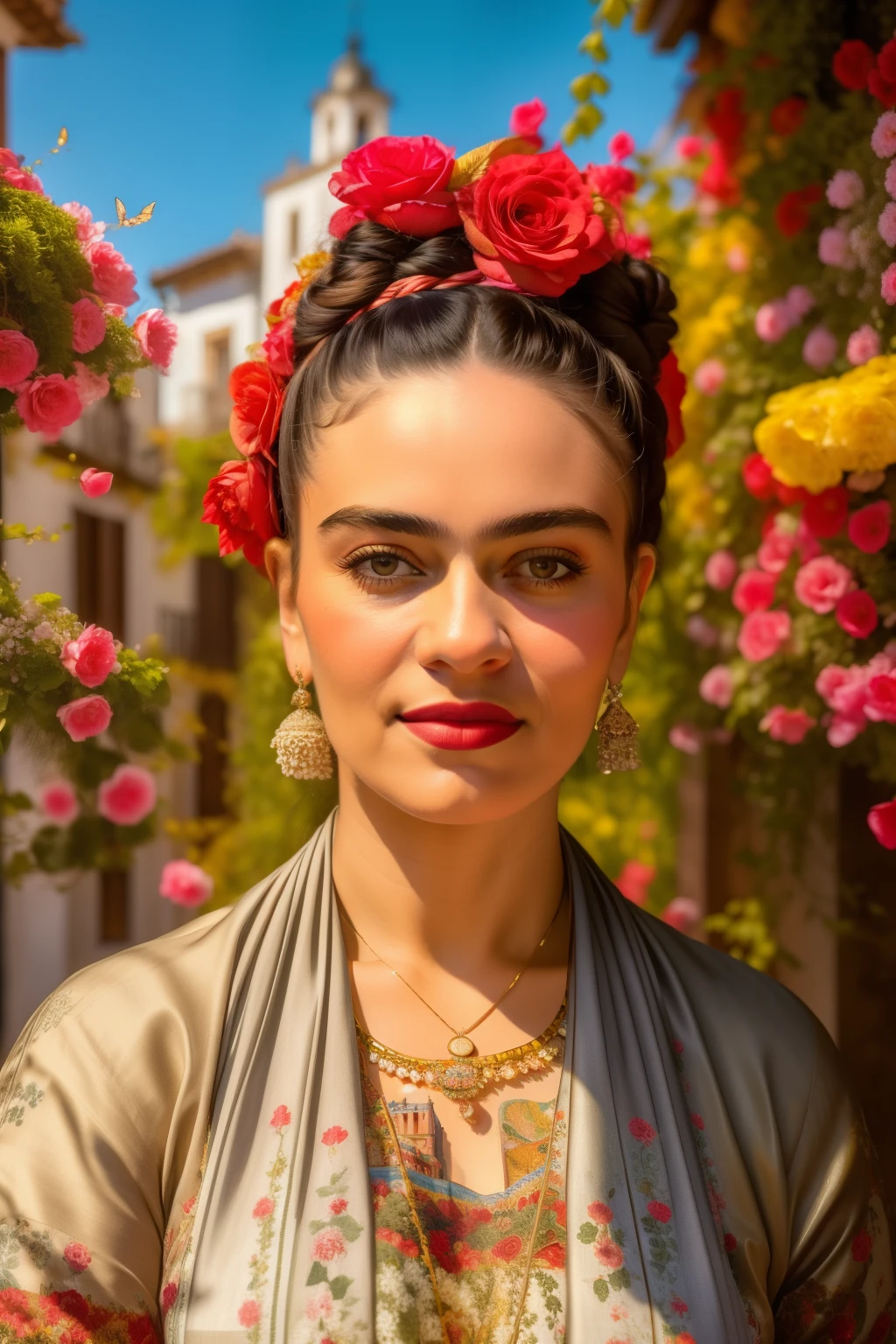 ((best quality)), ((masterpiece)), perfect SMILING face OF FRIDA KAHLO WITH FLOWERS, LEAFES AND SPAIN BUILDINGS IN THE BACKGROUND , DETAILED