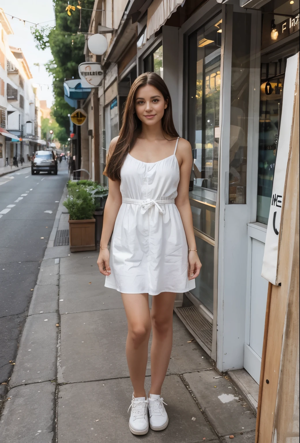 30 years old woman, fotorealistic proportions, full body view from head to toe, dark eyes, very long brown hair, wearing a very short summer dress, white sneakers on her feet, standing in front of a street cafe, looking absent minded into the camera with a cheerful expression.