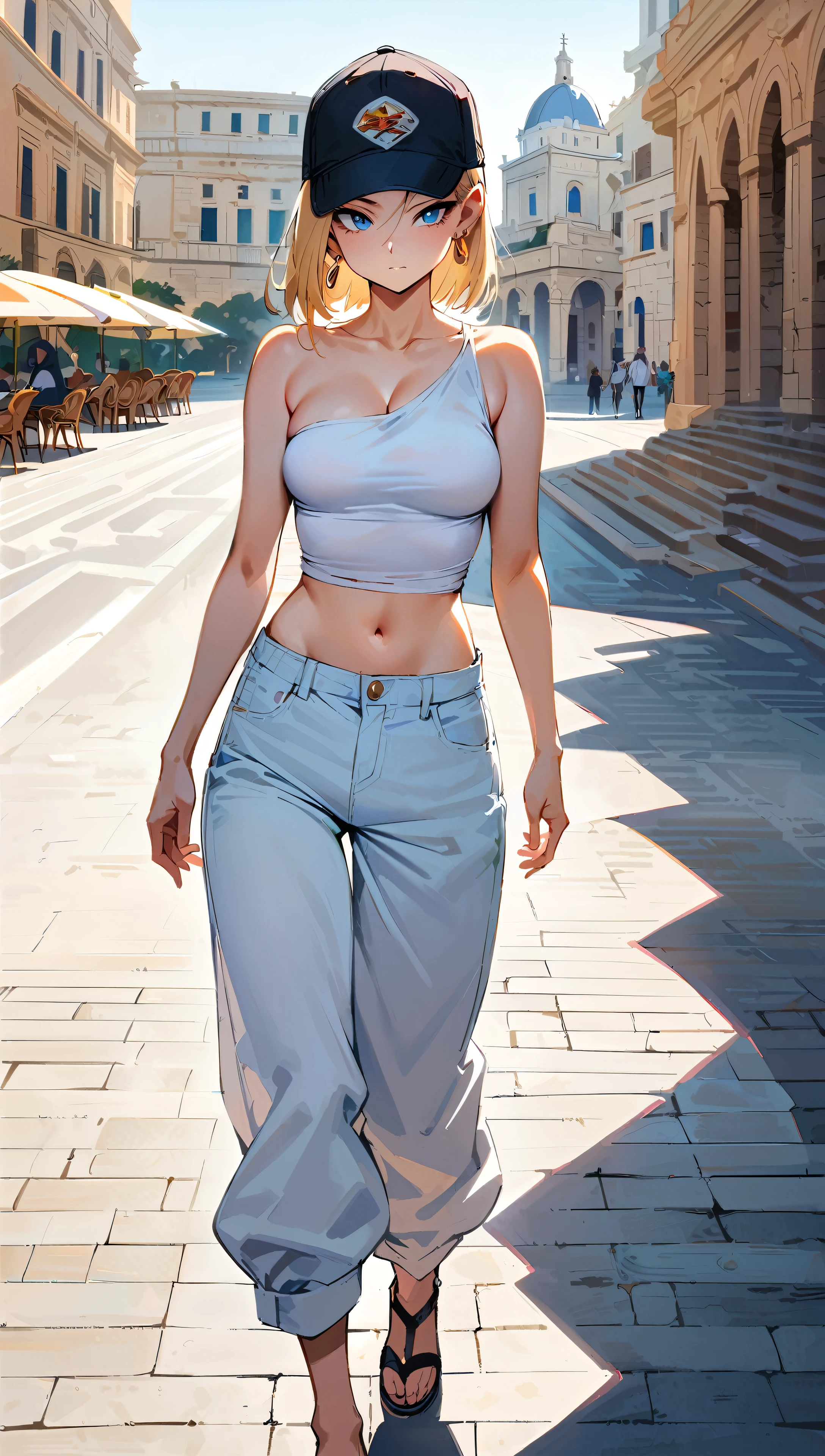 (masterpiece, best quality:1.2), full body shot, solo, Android 18 from Dragon Ball, collarbone, cleavage, ((slip-on one-shoulder crop top)), (light gray top:1.2), no jacket, midriff-baring, navel, ((white baggy pants with one button undone)), skimpy thong swimsuit, light gray swimsuit, small breasts, short blonde hair loose, ((blue eyes)), ((wearing glasses)), earrings on earlobes, slender feminine figure, narrow waistline, skinny body, (plane black baseball cap), (cap without logo), beach sandals, sunlight, walking, Malta, Valletta, Triton Fountain, facing the camera, blur background, 4K