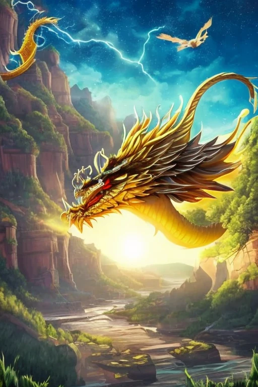 So sublime and divine々A beautiful golden dragon floats in the center of the screen, glaring at the camera.。金色のThe dragon is幸せをもたらす神なのでとても有難い存在である。The surrounding area is a canyon where no one can get close, and lightning is flashing in the background.、The sun is shining brightly。The dragon is、I want a realistic image。