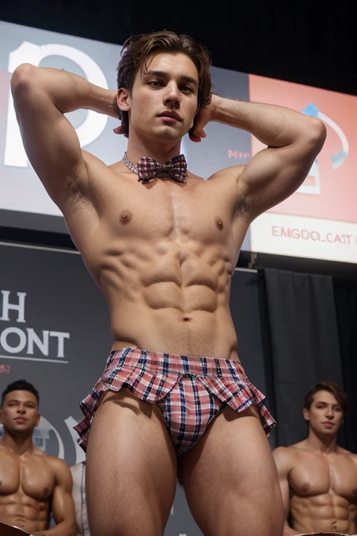((best quality)), ((masterpiece)), (detailed), perfect face, attractive shirtless man, muscular, 20 years old, short blonde hair, cute jock, prince, full body, bodybuilder, prince wearing miniskirt, pink plaid miniskirt flapping upwards, polka dot pink bow on hair, submissive pose, announcement in front of a crowd, wearing a dog collar