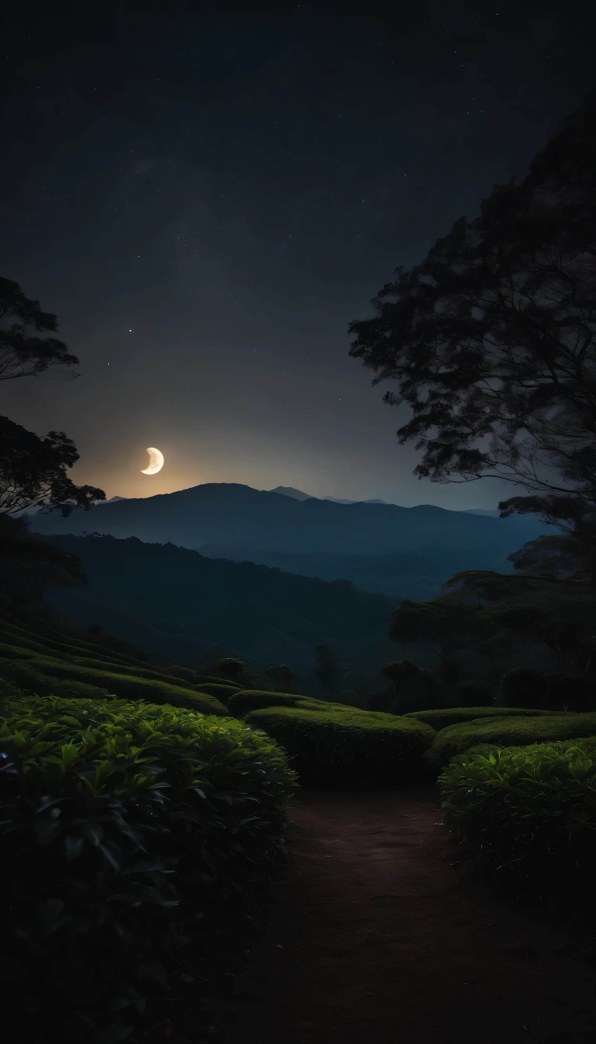 night atmosphere, Bogor peak, tea gardens, moon, stars in the sky