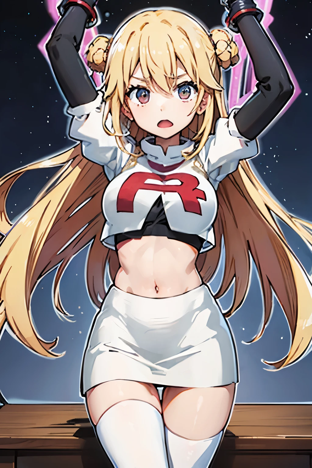 Shokuhou Misaki、A Certain Scientific Railgun、Blonde、Long Hair、Large Breasts、Jail、One girl、((White thigh-high socks))、(Long gloves)、(first round)、(Chained)、((Crucified on the examination table))、(Being restrained)、Leg spread、(Team Rocket)、(Pokémon)