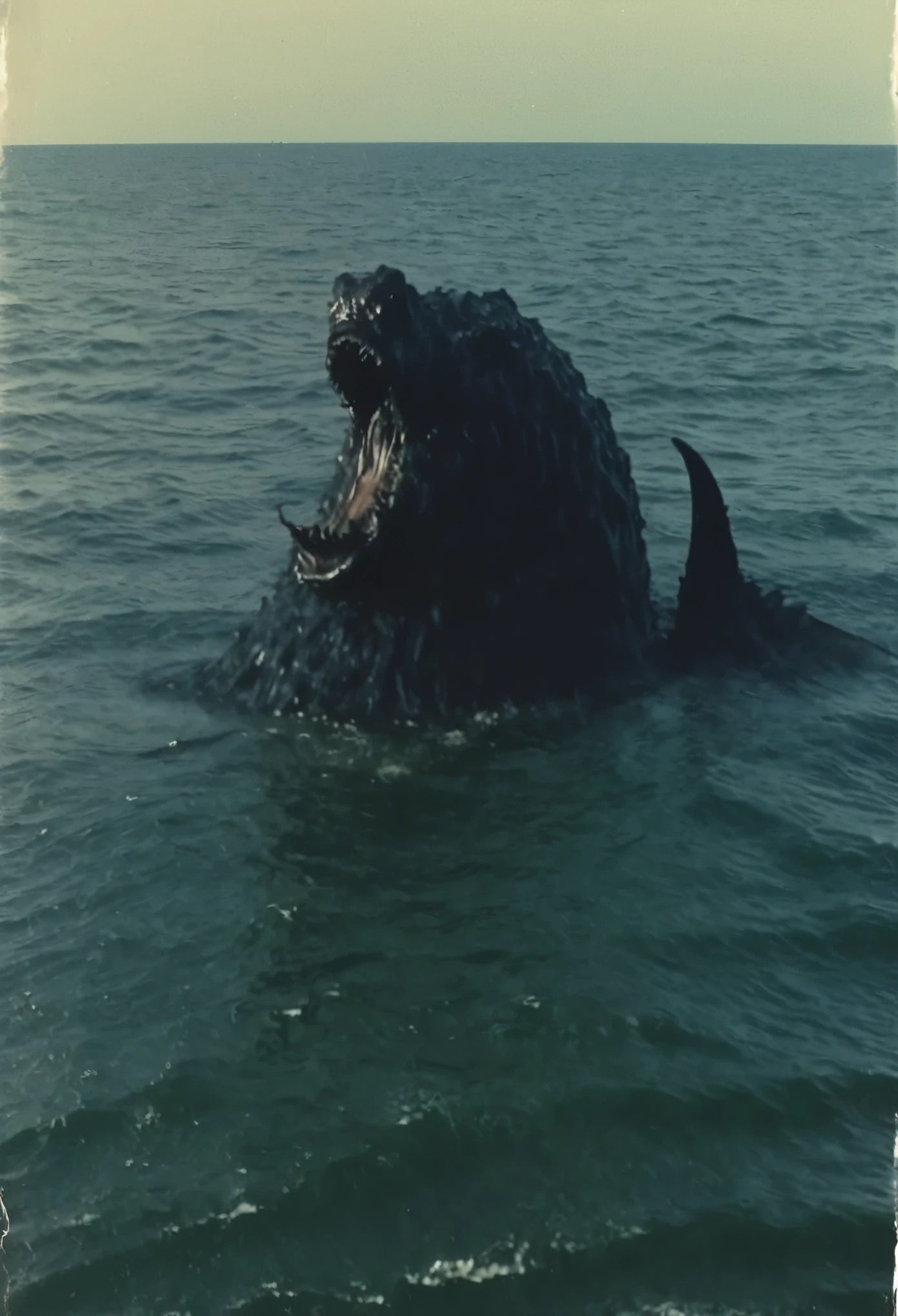 grainy, polaroid, 35mm vintage, realistic old footage, huge dark silhouettes of a giant sea-monster under the ocean, seen from above