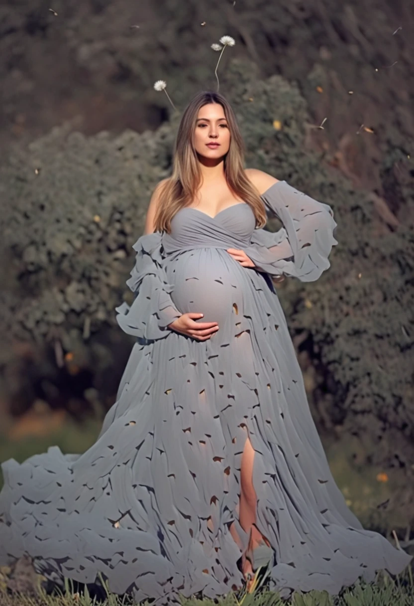 outdoor photography , high detailed , 4k , cinematic light , ultra high quality , pregnant woman in a gray dress posing for a photo, full body photoshoot, beautiful full body shot , marble paper dress , colorful dress , garden full of flowers on background  , dandelion in the air , fall autumn trees
