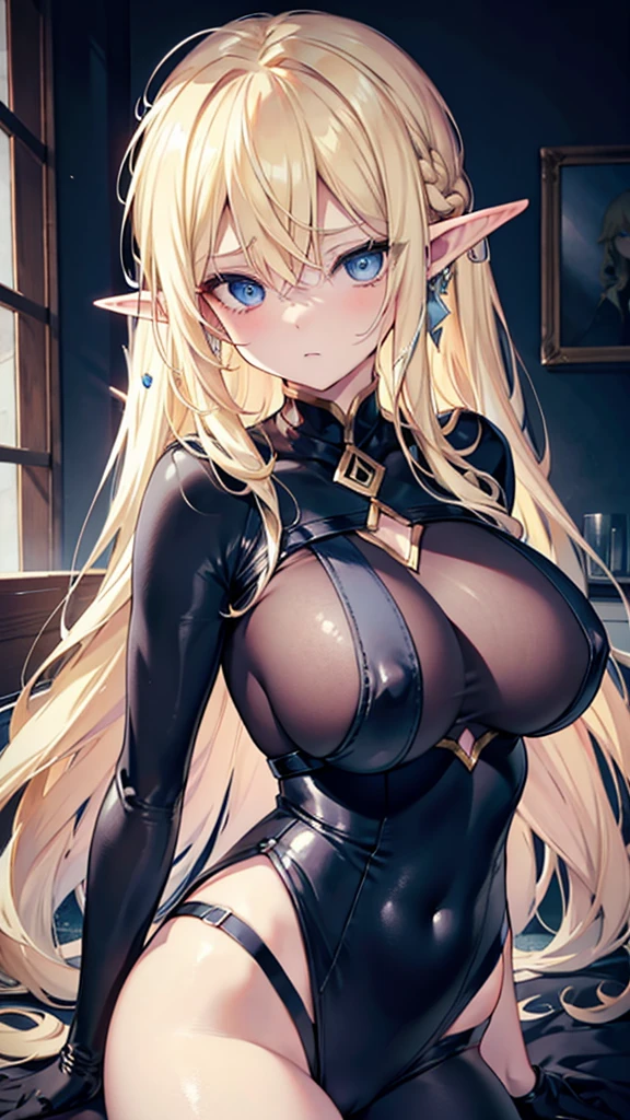 Blonde hair and blue eyes　Long Hair　Elf　Big Breasts　Black bodysuit　erotic　Big Breasts　beauty　cute　highest quality　Scared　Vigilance　Dark Room　get caught　Struggling