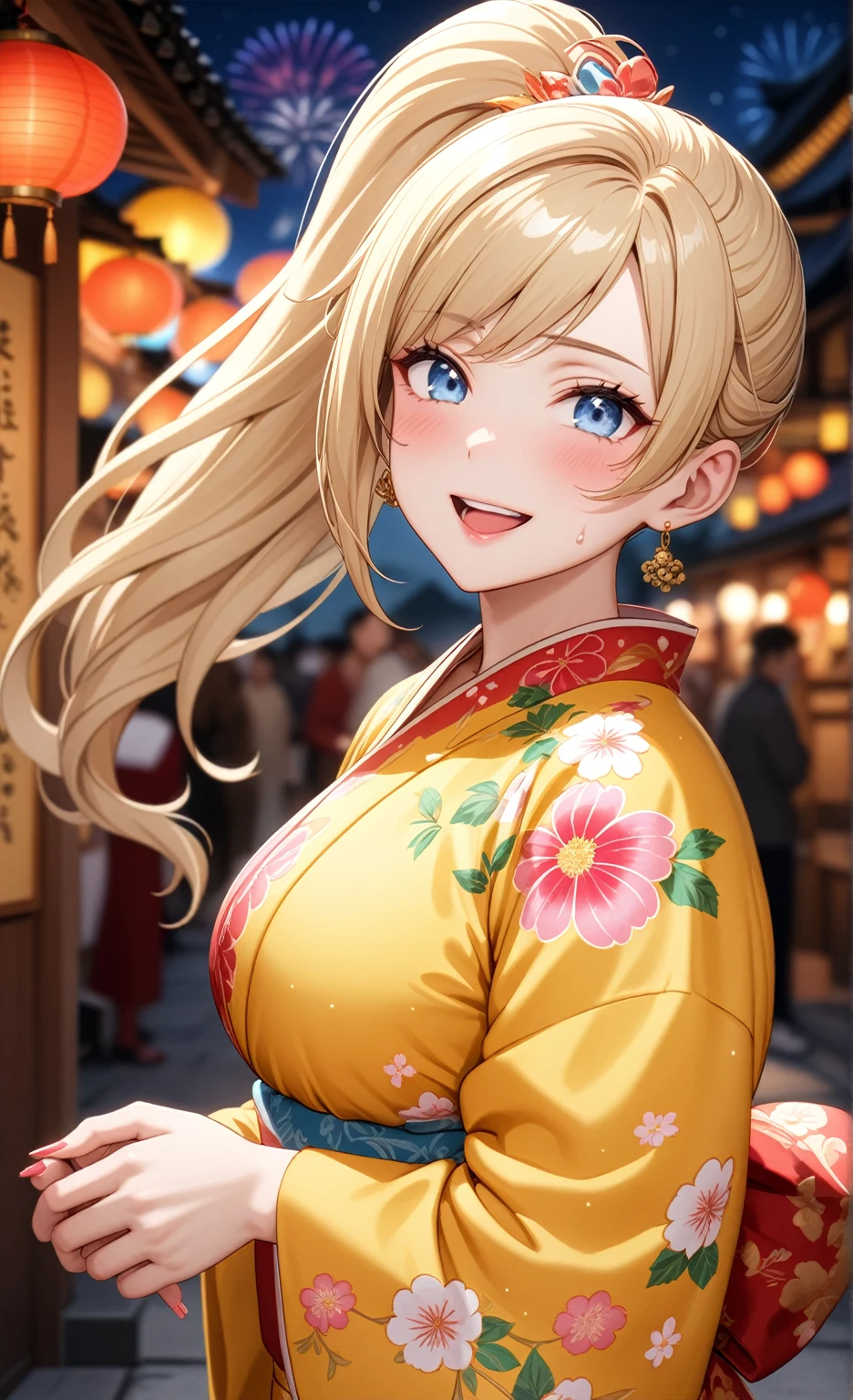 ((One woman)), Beautiful Face,Laughing embarrassedly,((Wink:1.6)),Laugh with a big mouth,Become bright red,Sweat on the face,Glossy pink lips,night,Shrine festival stalls,firework, ((Anime style background)),masterpiece, highest quality, so beautiful, up to date, Complex details, (Pink long nails),AI-generated, Complex,High resolution, highest quality, super high quality,3D Images、View the viewers、3D Images,one person,Long Blonde Hair,High Ponytail,blue eyes,Anime woman posing for a photo, [[Fine grain、Colorful eyes、Shining Eyes:1.15]],(Squint your eyes:1.1),a hyperRealistic , hyperRealistic , Realistic,Blonde anime woman with long hair, Smooth anime CG art, A woman in a colorful kimono with gold embroidery, (Yellow kimono),Pink floral pattern,Long flower hair ornament,Big earrings,(Large Breasts:1.2),Mature Body,tall,Big Ass,Fine details,Narrow waist,Six-pack,Look Back,Stick your butt out