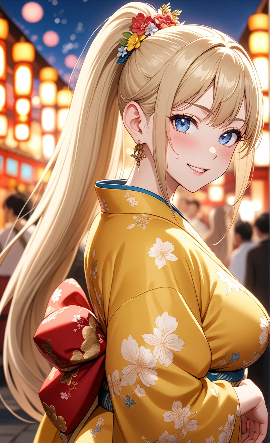 ((One woman)), Beautiful Face,Laughing embarrassedly,((Wink:1.6)),Laugh with a big mouth,Become bright red,Sweat on the face,Glossy pink lips,night,Shrine festival stalls,firework, ((Anime style background)),masterpiece, highest quality, so beautiful, up to date, Complex details, (Pink long nails),AI-generated, Complex,High resolution, highest quality, super high quality,3D Images、View the viewers、3D Images,one person,Long Blonde Hair,High Ponytail,blue eyes,Anime woman posing for a photo, [[Fine grain、Colorful eyes、Shining Eyes:1.15]],(Squint your eyes:1.1),a hyperRealistic , hyperRealistic , Realistic,Blonde anime woman with long hair, Smooth anime CG art, A woman in a colorful kimono with gold embroidery, (Yellow kimono),Pink floral pattern,Long flower hair ornament,Big earrings,(Large Breasts:1.2),Mature Body,tall,Big Ass,Fine details,Narrow waist,Six-pack,Look Back,Stick your butt out
