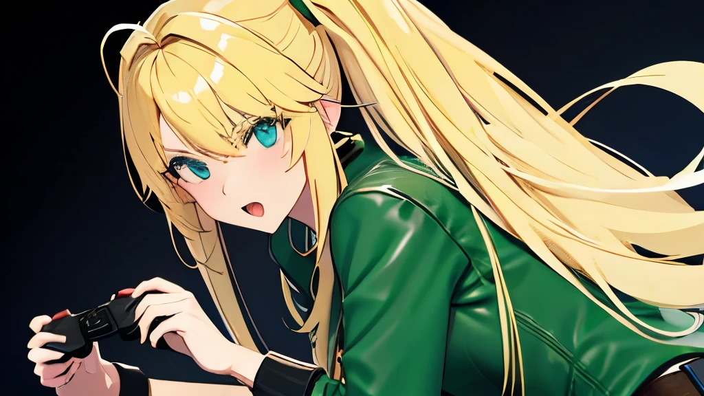 Gamer Girl, controller、blonde、amount、Green Leather Shirt