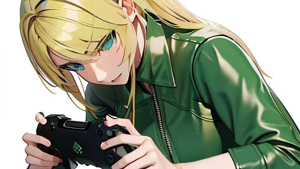 Gamer Girl, controller、blonde、amount、Green Leather Shirt