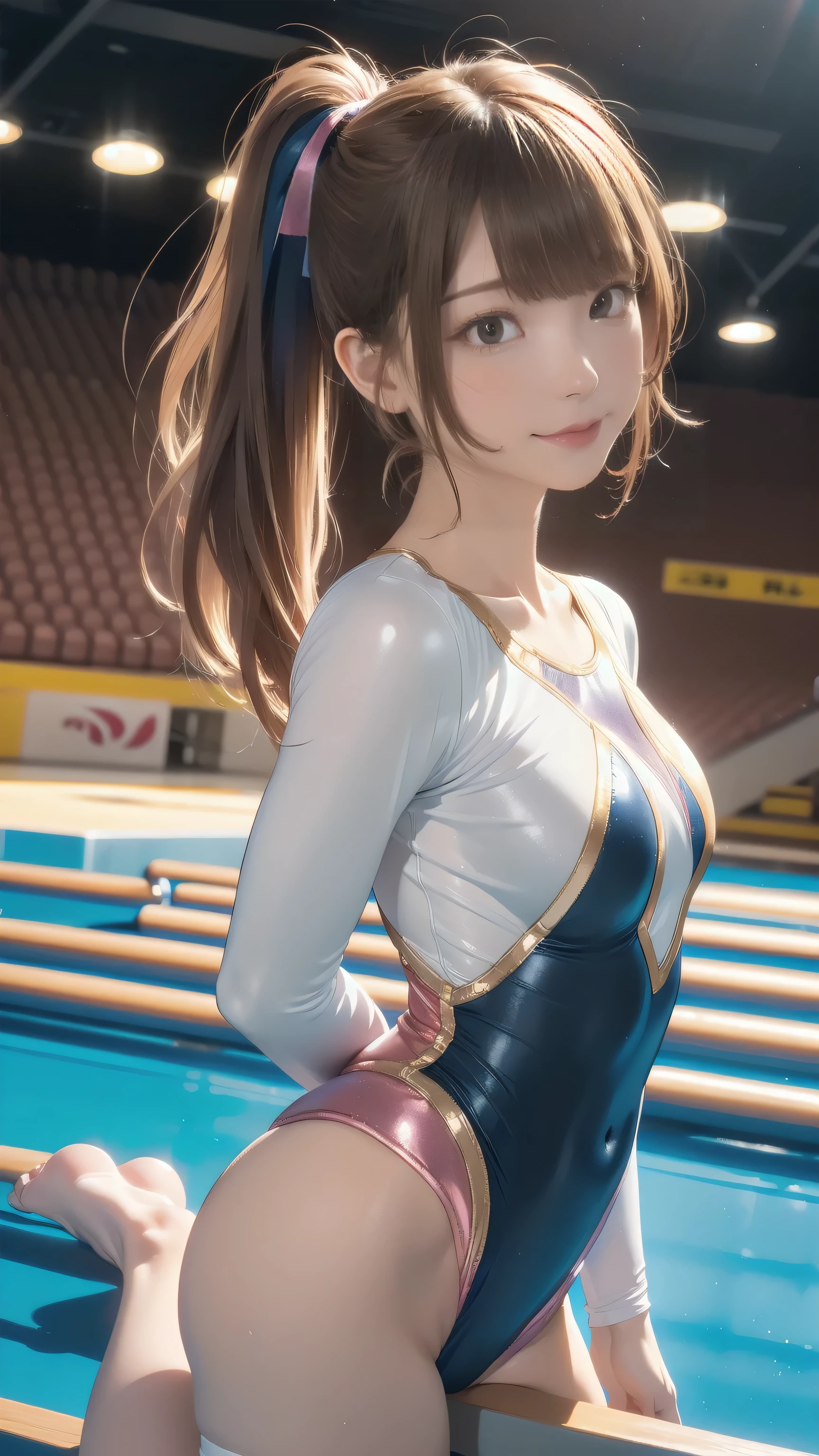 woman:1 person, ((Highly detailed skin), Beautiful realistic face, White skin, Pointed Chest, Small nipples, Accurate anatomy, Realistic eyes, Natural Eyes, Brown Eyes, Accurate eye focus, Accurate limbs), (Hyper Realist, Ultra-realistic, 4k, Attention to detail, Ultra-high resolution, highest quality, masterpiece, Presence, dynamic, Uplifting, bold, Sharpness), (Thinning hair:2), (Soft Hair:2), (Straight hair:1.5), Long, slicked bangs, Very light coppery amber hair, Hair on one eye, (Twin tail hair), (Female gymnast, Detailed costume, Wearing a long sleeve leotard:1.5), Shiny long sleeve leotard, Metallic colors long sleeve leotard, Racing long sleeve leotard, Gymnastics Long Sleeve Leotard, High leg long sleeve leotard, Long sleeve leotard with crystals, ({Metallic pink color| Metallic gold color| Metallic silver color| Metallic wine red color| Metallic navy color| Metallic purple color| Metallic yellow color| Metallic grey color| Metallic colors|}Long sleeve leotard colors), Big Breasts:1.3, Tall, Long, slender limbs, (Fours style, Doggy Style, dog style, Underhair does not grow), I'm sticking my butt up, Sticking out her butt, Accentuate your buttocks, The long-sleeved leotard is digging into her butt, back, Looking Back, whole body, Put your chest close, Emphasize the chest, Looking into the camera, smile, barefoot, (Gymnastics Venue:1.3), Nikon, Canon,