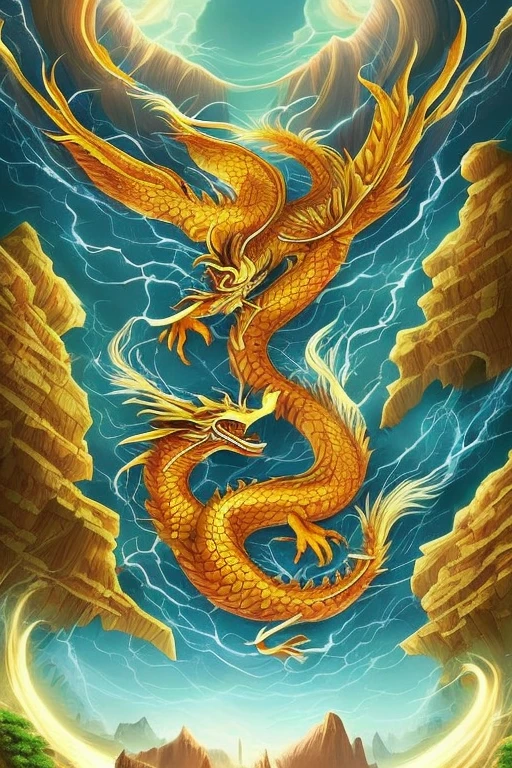 So sublime and divine々A beautiful golden dragon floats in the center of the screen, glaring at the camera.。金色のThe dragon is幸せをもたらす神なのでとても有難い存在である。The surrounding area is a canyon where no one can get close, and lightning is flashing in the background.、The sun is shining brightly。The dragon is、I want a realistic image。
