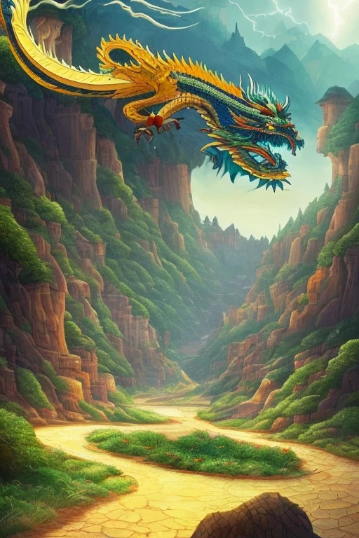 So sublime and divine々A beautiful golden dragon floats in the center of the screen, glaring at the camera.。金色のThe dragon is幸せをもたらす神なのでとても有難い存在である。The surrounding area is a canyon where no one can get close, and lightning is flashing in the background.、The sun is shining brightly。The dragon is、I want a realistic image。