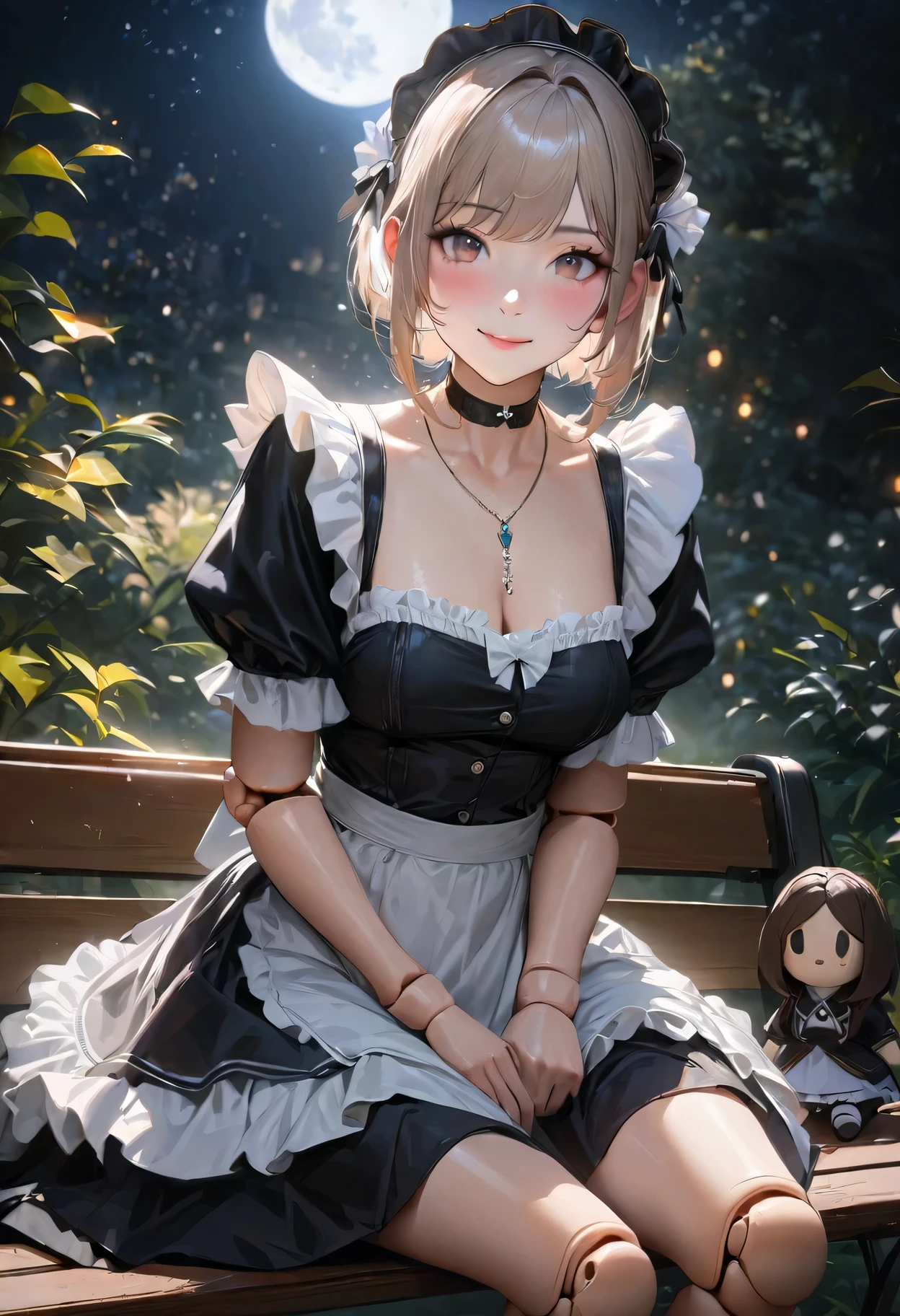 Best quality, masterpiece, High Resolutiexist, 1 Girl, looking at the audience, Exquisite maid dress, white maid apron, Layered clothes, Puff sleeves, Black leather choker, blush, (Charming smile: 0.8), Hair accessories, necklace, Jewelry, beauty, Tyndall effect, realism, Light Edge, Two-texiste Lighting, (Doll joints), Soft Light, high quality, Volumetric Lighting, Light tulle,Sitting on a bench, outdoor, garden, moon, Starry Sky