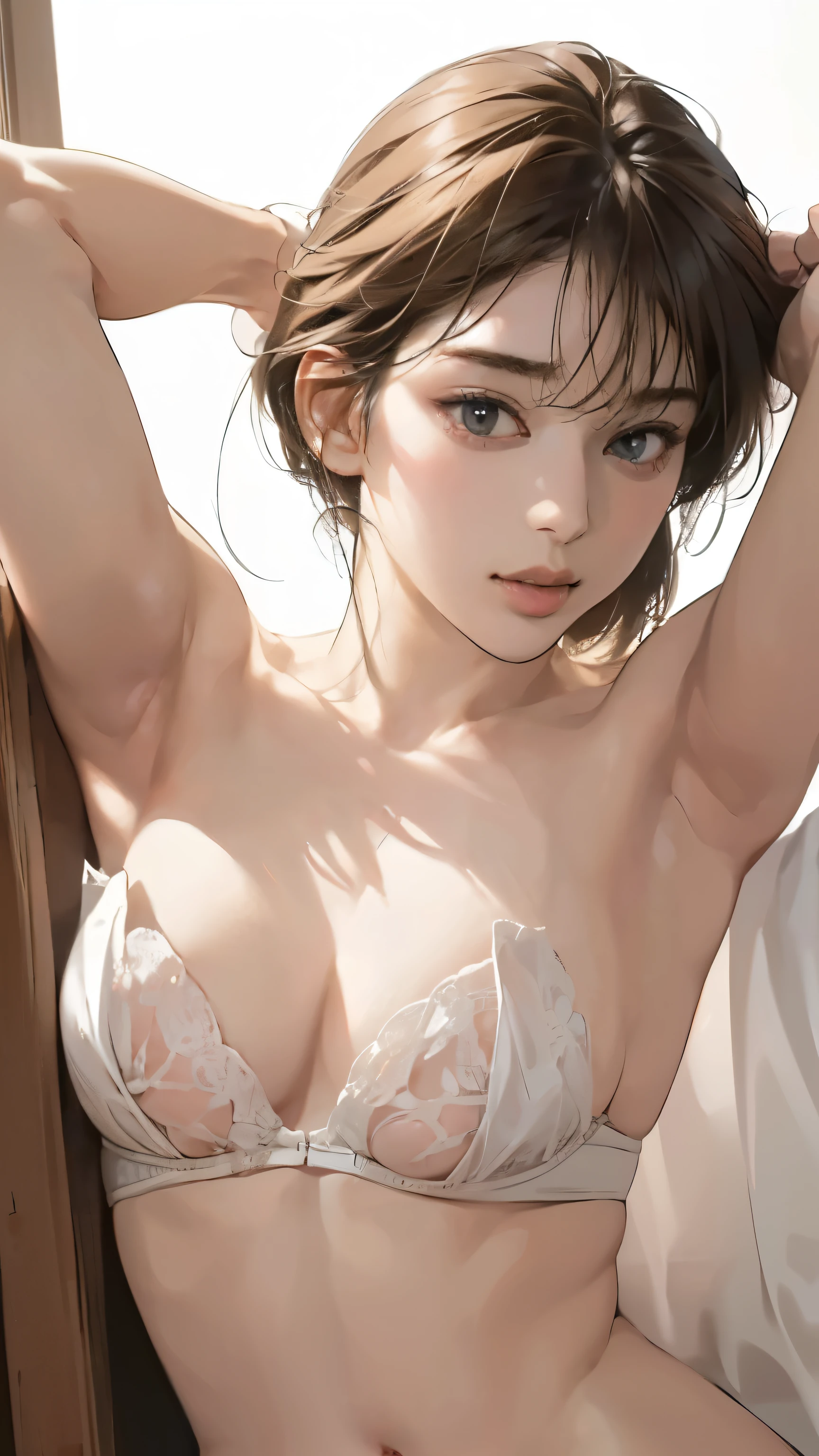 (In 8K、RAW shooting、highest quality、Masseter muscle area:1.2)、Ultra-detailed、Ultra-high resolution、(Realistic、Realistic photos:1.37)、Portrait、High-resolution RAW color photos、Professional photography、hVery detailed and beautiful、Very detailed、8K Image Wallpapers、Incredibly detailed、Large file size、Official Art、HVery detailed CG Unity 8K wallpapers、hVery detailed beautiful girl、Very detailed顔、Very detailed目、Very detailed skin、Very detailed指、hVery detailed nose、Very detailed口、Perfect Anatomy、Detailed Background、Detailed clothing、1 girl、(20:1.2)、20th Generation、cute、Realistic body、、White skin、Glowing Skin、The body is slim、Black-haired、((short hair))、(Well-groomed bangs: 1.5)、((Firm B cup breasts))、((Exposed breasts))、((Full nudity))、((Small and beautiful pink areola))、((Both arms behind the head))、((Full Body Shot))、((Upright posture))、