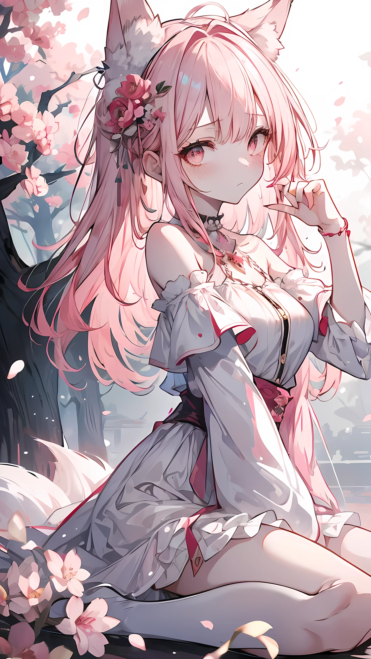 hairy, Pink fur, Off-the-shoulder white translucent morning dress, sit on the grass, Cherry blossom forest background, gold slit pupil, blushing:1, hair between eyes, pink hair, gradient hair, hair past shoulders, wet hair, shiny hair, bell, trumpet, forehead gem, lolitahairband, eye reflex, shed tears, slit pupil, fox ears, wolf ears, Awkward, blush, saliva, full blush, panicked, despair, full-face blush, realism, Ultra-realism, Ray tracing, reflected light, backlight, Fuji color, Bokeh, ultra high definition, retina, anatomically correct, Super details, best quality, high resolution