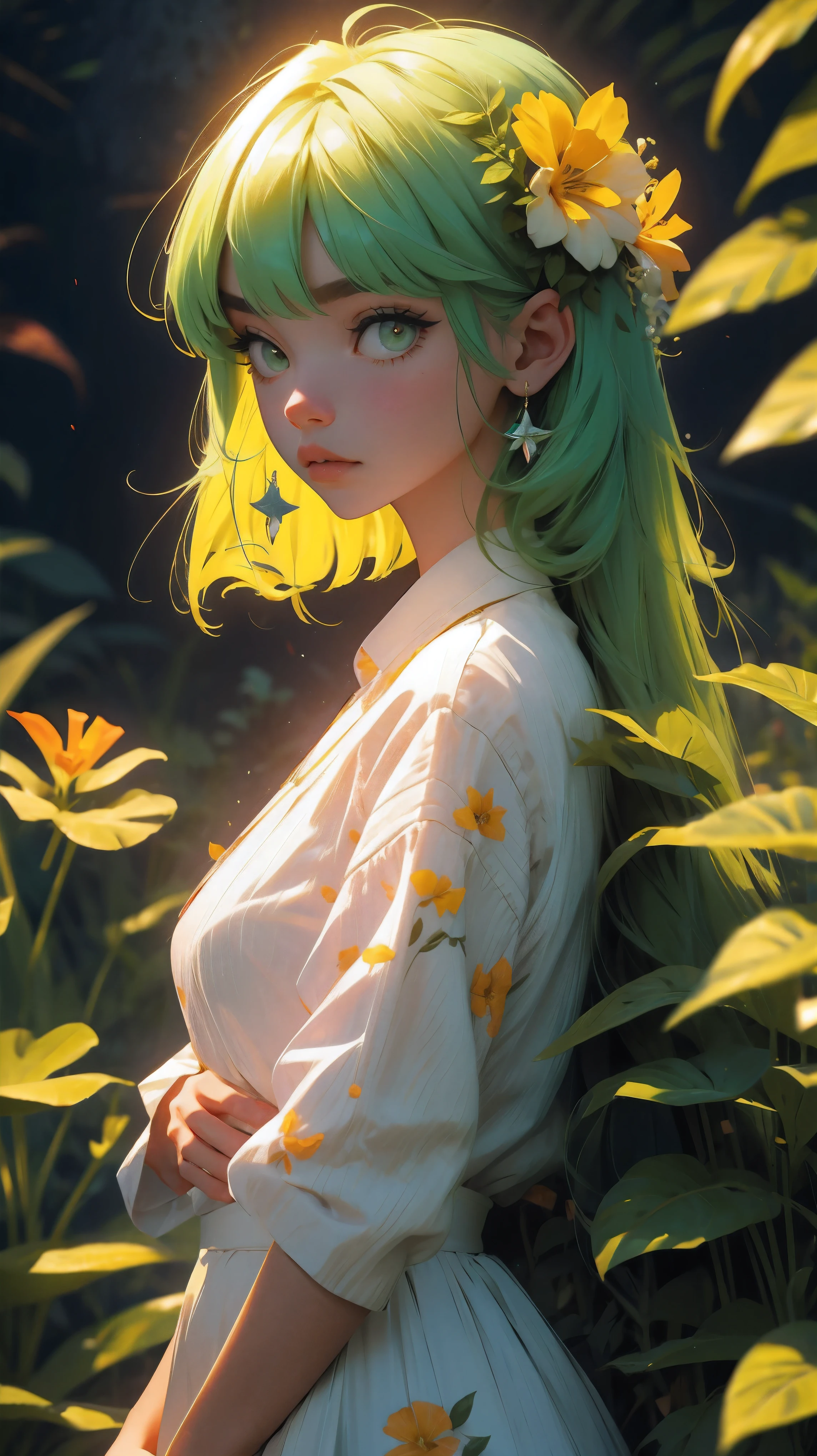 YXYcolor,1girl, only, light green hair, Flower, hair ornament, hair flower, very long hair, upper body, bangs, Looking at the viewer, Simple background, leaf, Bob Cut, Plant, shirt, yellow shirt, blunt bangs, red flower, red lips, green eyes, tropical leaves on the background