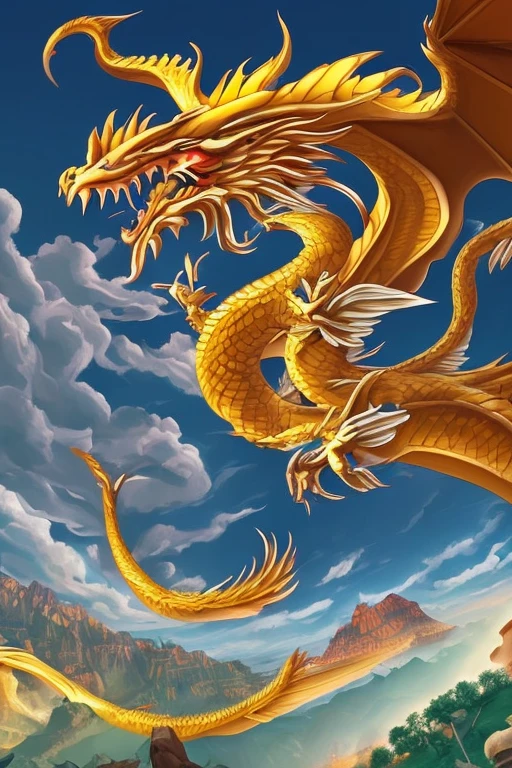 So sublime and divine々A beautiful golden dragon floats in the center of the screen, glaring at the camera.。金色のThe dragon is幸せをもたらす神なのでとても有難い存在である。The surrounding area is a canyon where no one can get close, and lightning is flashing in the background.、The sun is shining brightly。The dragon is、I want a realistic image。