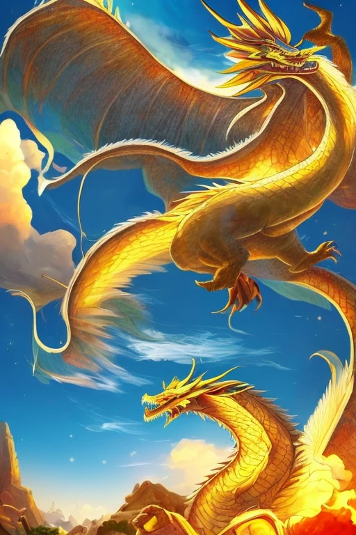 So sublime and divine々A beautiful golden dragon floats in the center of the screen, glaring at the camera.。金色のThe dragon is幸せをもたらす神なのでとても有難い存在である。The surrounding area is a canyon where no one can get close, and lightning is flashing in the background.、The sun is shining brightly。The dragon is、I want a realistic image。
