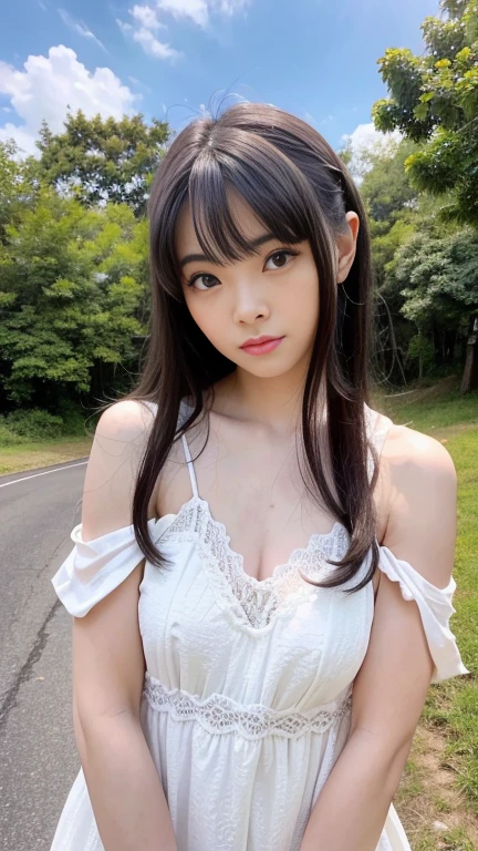 (1girll:1.2),(8K, Best quality, tmasterpiece), (Realistic, photo-realistic:1.37), ultra - detailed, adolable, solo, cute Japan woman,brown hair,By bangs, curlies, hair over shoulders, Beautiful and delicate eyes,Eyes speak,long eyelasher, ssmile,Moisturizes skin,V-neck white lace dress,Magnificent view,Titillating,Very sexy,and the sun was shining brightly,Beautiful detailed sky