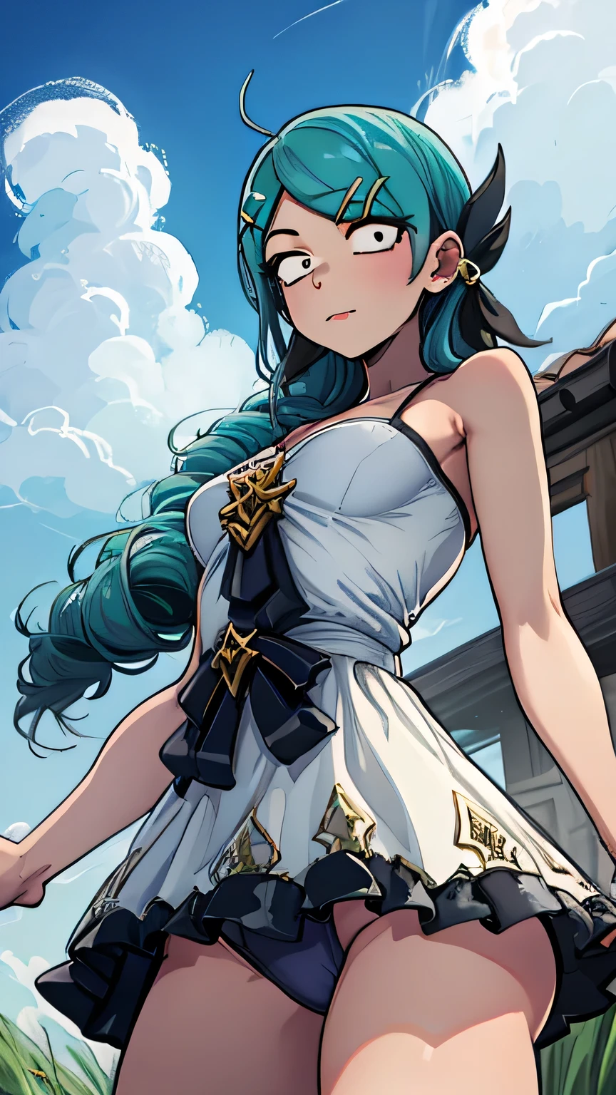 1 girl, blue hair, Drill hair, in a white T-shirt and skirt, panties are visible, hair ornament, a high resolution, long hair, X, X hair ornament, short_Corner_Human,sky,cloud,grass,blurred foreground, whole body,