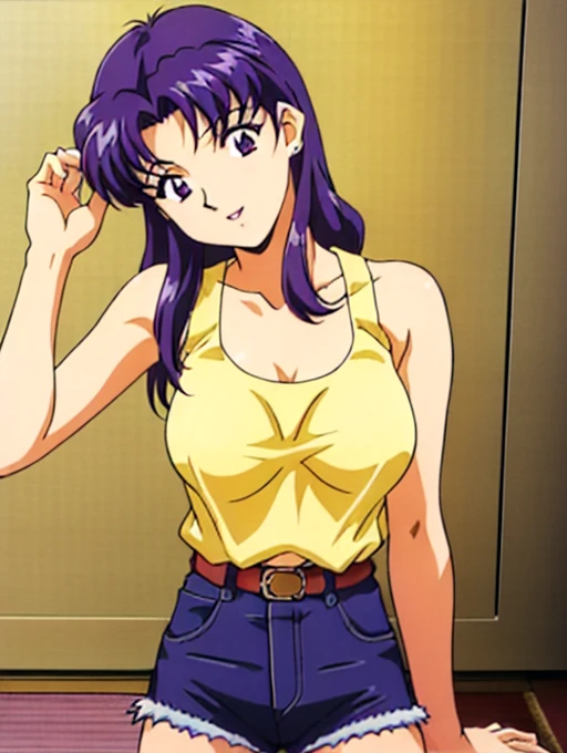 ((Katsuragi Castle_Misato in a yellow tank top)), Wearing micro shorts, take a photo in the apartment, Moderate_tits, Purple Hair, (analog quality:0.6), (Film Grain:0.8)