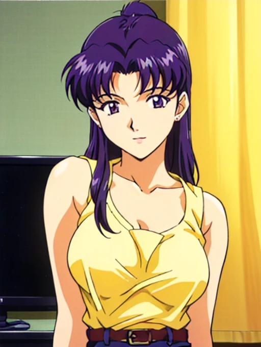 ((Katsuragi Castle_Misato in a yellow tank top)), Wearing micro shorts, take a photo in the apartment, Moderate_tits, Purple Hair, (analog quality:0.6), (Film Grain:0.8)