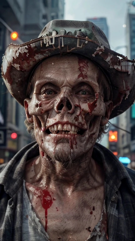 ((Decay skin)) Old zombie man, male, older male figure, ((skull face)), dreary, magnificent, fog, low key, ((RAW photo, 4K, Realistic, Exquisitely Detailed Skin)), Masterpiece, Best quality, offcial art, Unity 8k wallpaper, Ultra detailed , (detaile zombie face),((bloody mouth)), rincled skin, (decay skin), ((pealing off skin decay)),((detailed skull under skin)), detailed decay skin, looking at the camera, ((grey long beard)), dirty red and black flannel shirt, old black cowboy hat, ((cowboy hat)), masterpiece, best quality, extremely detailed eyes, cinematic lightning, intricate detail, highres, official art, finely detailed face, high resolution illustration, 8k, depth of field, ((zombie)), short white hair and blue eyes, short white hair, detailed blue eyes, times square New York city, full body, looking at viewer, time square background, NYC, extremely detailed background, zombie decay skin, detailed face decay, decay, terror,((skull decay face)) scary looking, extremely detailed eyes, extremely realistic photo, extreme terror movie scenario, ((long white beard)), older male zombie (((bloody mouth))) ,(smiling), big scream, screaming, angry, mad , shouting, yelling
