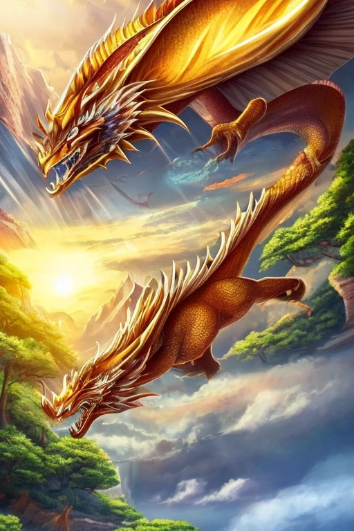 So sublime and divine々A beautiful golden dragon floats in the center of the screen, glaring at the camera.。金色のThe dragon is幸せをもたらす神なのでとても有難い存在である。The surrounding area is a canyon where no one can get close, and lightning is flashing in the background.、The sun is shining brightly。The dragon is、I want a realistic image。