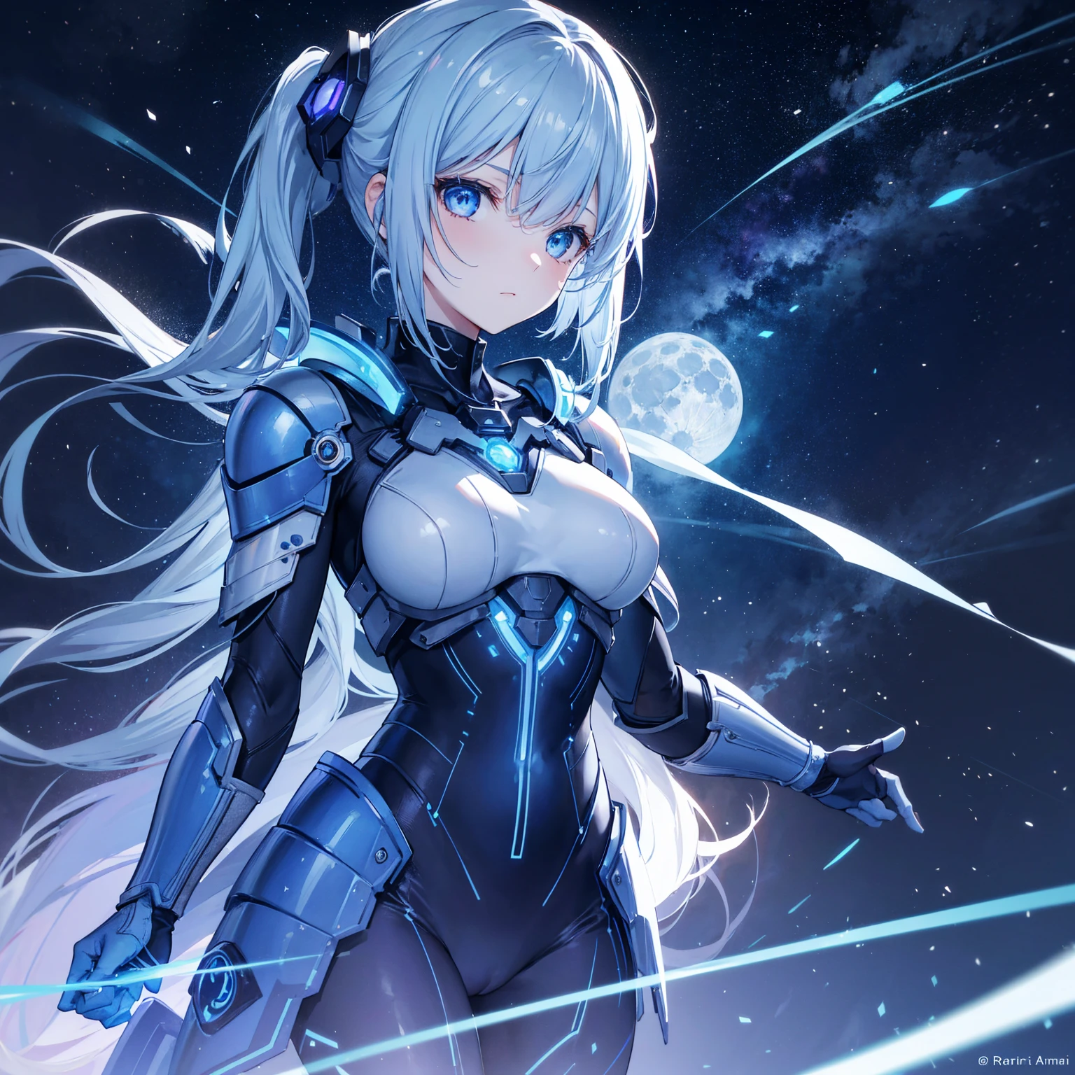 8k, highest quality, (real:1.4), Original photo, 1 girl, Asari Hair, Biological Amplifier, refined armor, posture: Peace talks between warring factions, smart blue eyes,Big moon in the background
