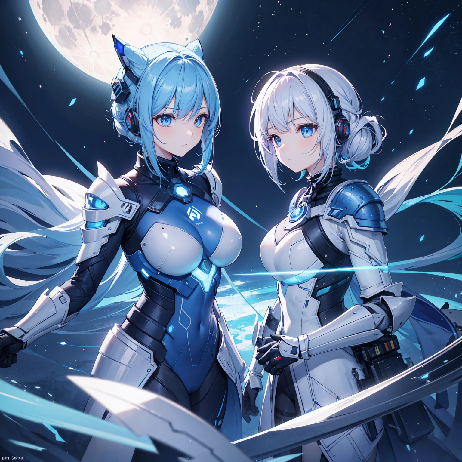 8k, highest quality, (real:1.4), Original photo, 1 girl, Asari Hair, Biological Amplifier, refined armor, posture: Peace talks between warring factions, smart blue eyes,Big moon in the background