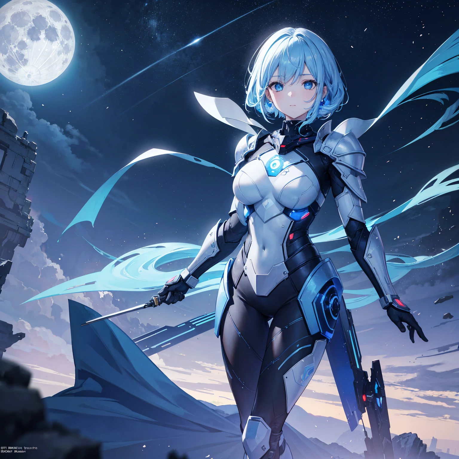 8k, highest quality, (real:1.4), Original photo, 1 girl, Asari Hair, Biological Amplifier, refined armor, posture: Peace talks between warring factions, smart blue eyes,Big moon in the background