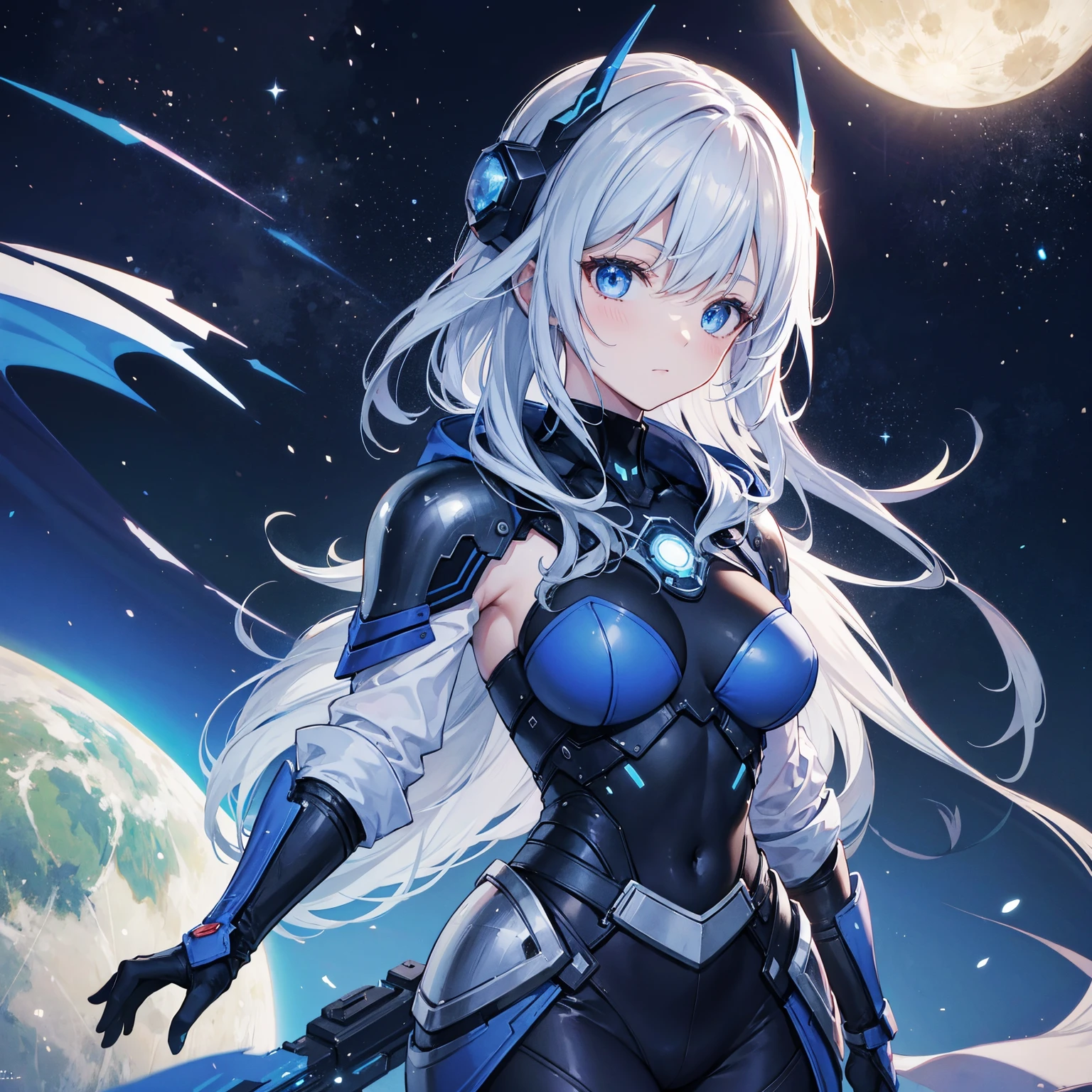 8k, highest quality, (real:1.4), Original photo, 1 girl, Asari Hair, Biological Amplifier, refined armor, posture: Peace talks between warring factions, smart blue eyes,Big moon in the background