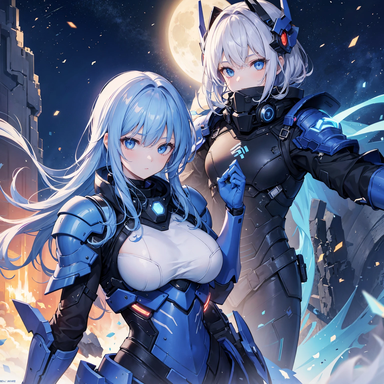 8k, highest quality, (real:1.4), Original photo, 1 girl, Asari Hair, Biological Amplifier, refined armor, posture: Peace talks between warring factions, smart blue eyes,Big moon in the background
