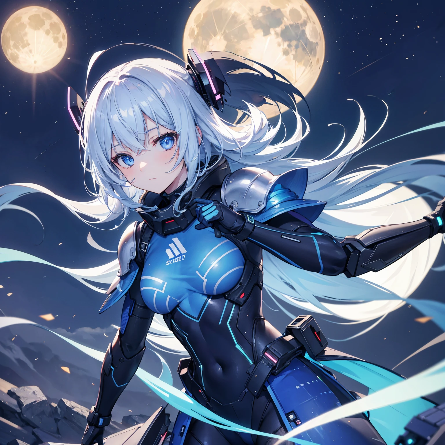8k, highest quality, (real:1.4), Original photo, 1 girl, Asari Hair, Biological Amplifier, refined armor, posture: Peace talks between warring factions, smart blue eyes,Big moon in the background
