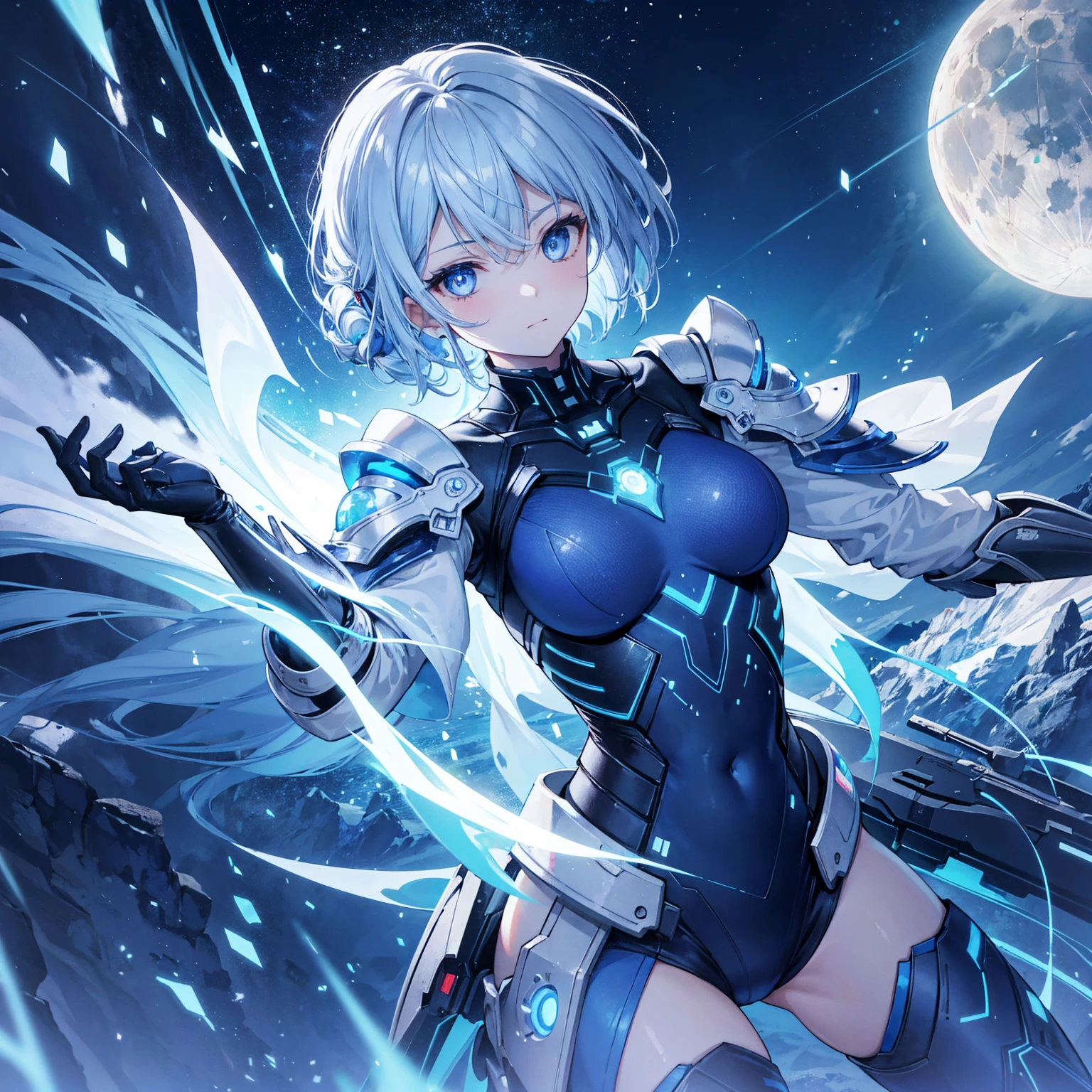 8k, highest quality, (real:1.4), Original photo, 1 girl, Asari Hair, Biological Amplifier, refined armor, posture: Peace talks between warring factions, smart blue eyes,Big moon in the background