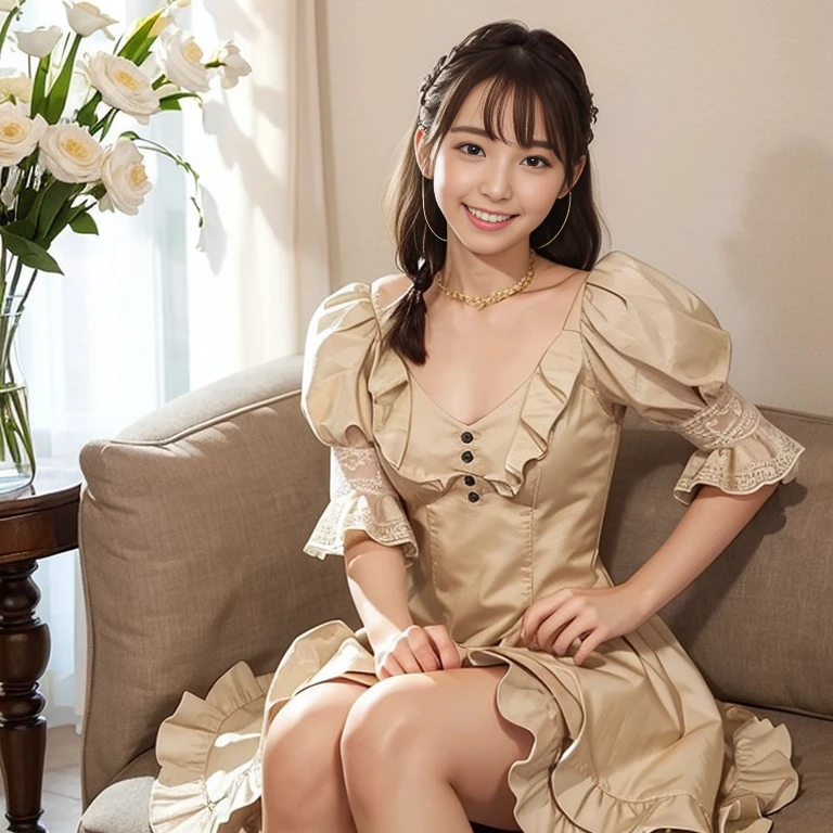 photo realistic, , photo of over the knees:1.2, from below, medium wide shot, a Japanese pretty girl, smile, double teeth, pretty face, happy, eye contact, 14-year-old, double braid, small breasts, flat chest, wearing a gold satin dress, pretty dress with many frills and laces,  Lace Ruffle Gathered Blouse 
,A large lace ruffle that spreads softly
Colors, the area around the face
In the center of the eye-catching ribbon,
Make it more gorgeous with a heart bijou button ,Lace cuffs and stand collar
,It gives a crisp impression