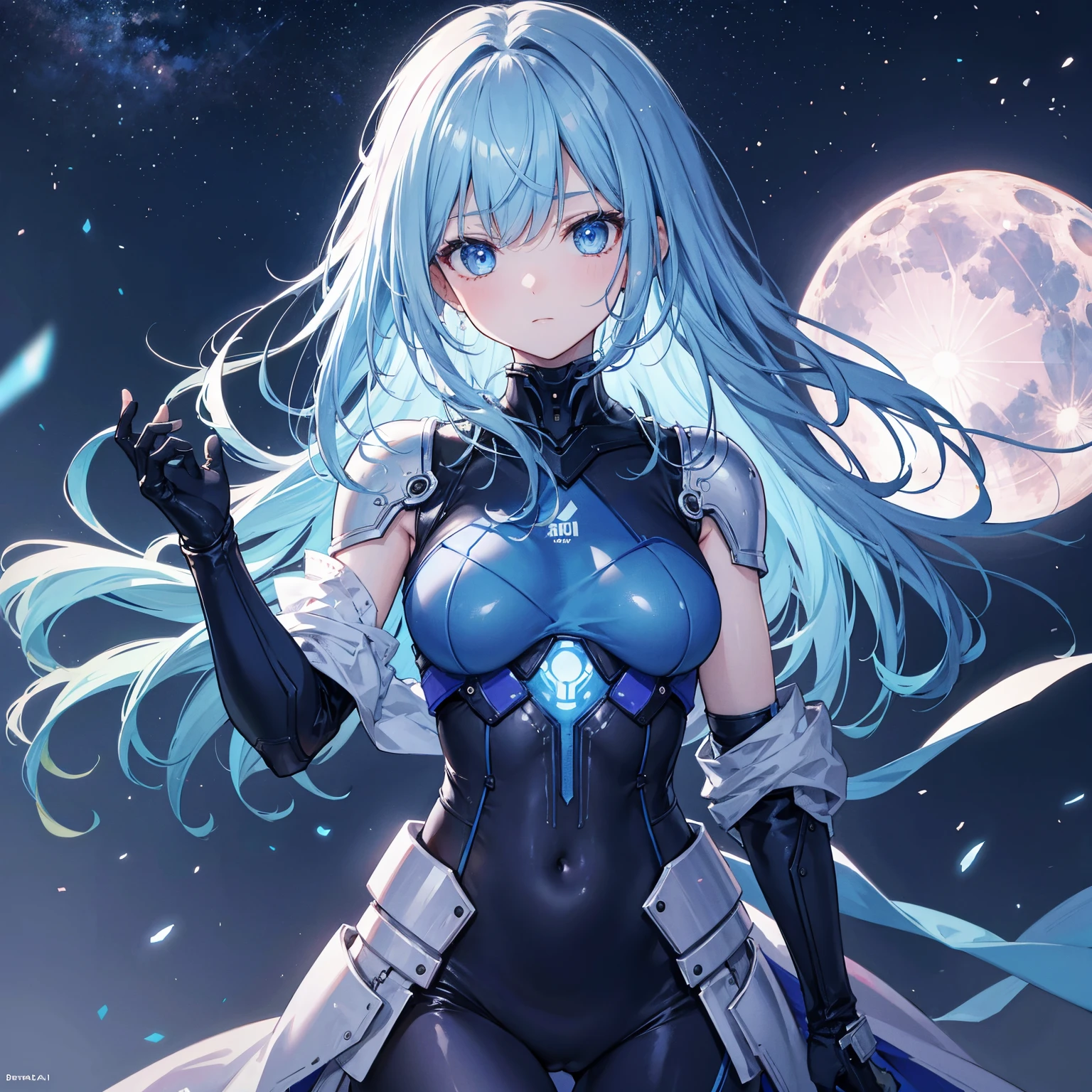 8k, highest quality, (real:1.4), Original photo, 1 girl, Asari Hair, Biological Amplifier, refined armor, posture: Peace talks between warring factions, smart blue eyes,Big moon in the background