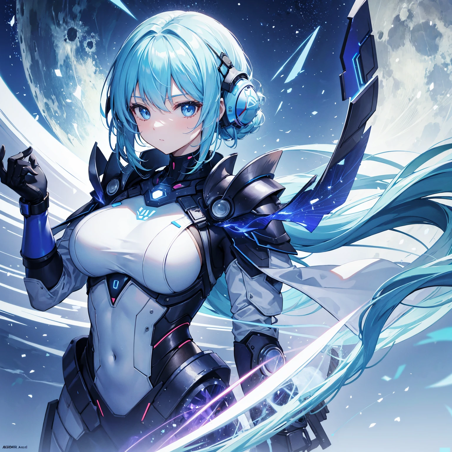 8k, highest quality, (real:1.4), Original photo, 1 girl, Asari Hair, Biological Amplifier, refined armor, posture: Peace talks between warring factions, smart blue eyes,Big moon in the background
