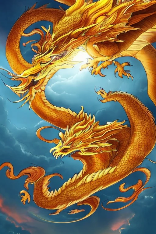 So sublime and divine々A beautiful golden dragon floats in the center of the screen, glaring at the camera.。金色のThe dragon is幸せをもたらす神なのでとても有難い存在である。The surrounding area is a canyon where no one can get close, and lightning is flashing in the background.、The sun is shining brightly。The dragon is、I want a realistic image。