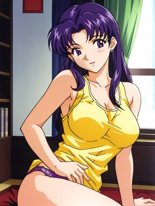 ((Katsuragi Castle_Misato in a yellow tank top)), Wearing lace panties, take a photo in the apartment, Moderate_tits, Purple Hair, (analog quality:0.6), (Film Grain:0.8)