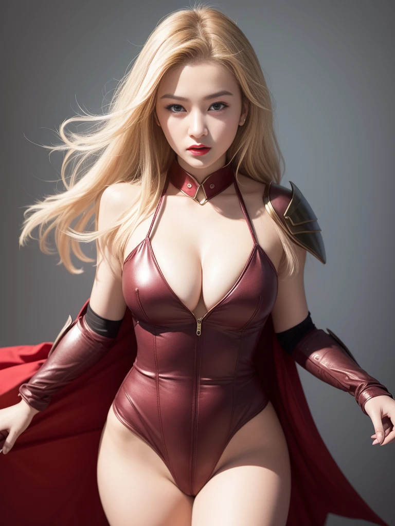 Beautiful face woman、Blonde、White background、 Beautiful woman、18 years old、Beautiful woman、Surreal photography、High-resolution photos、Red Lipstick Andalo Style Metal Armor Skirt Suit、Not much skin exposed、University Teachers'Don't cut your head off the screen、Tartan Plaid、There's pink There、Facing forward