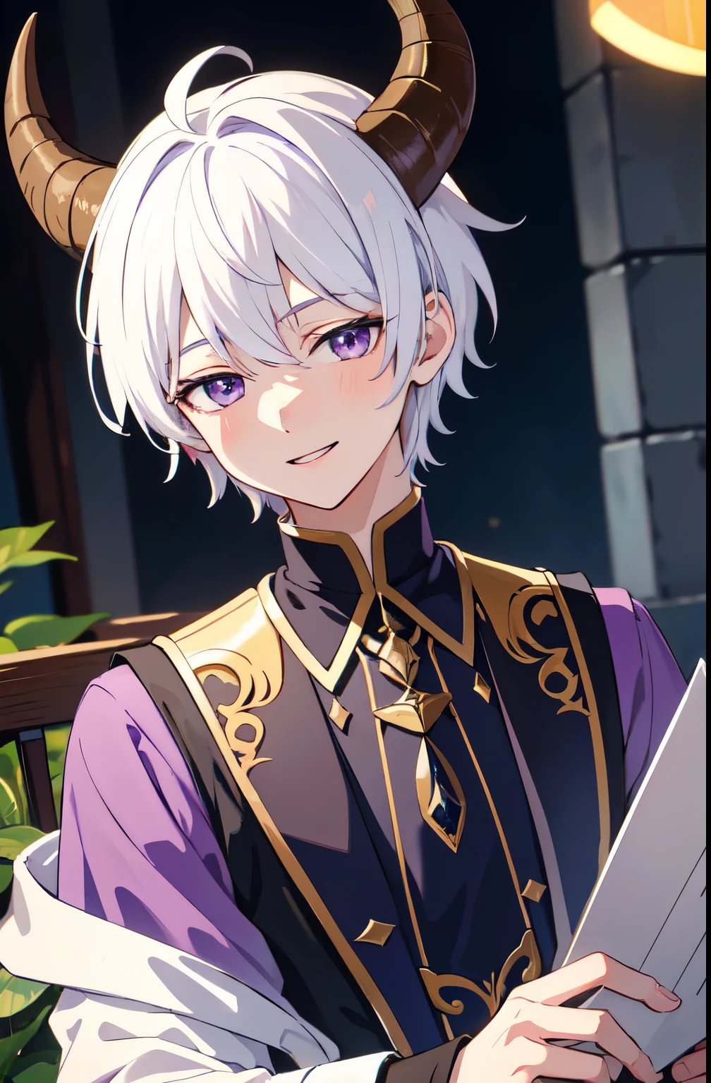 artwork, 8k! Animated Illustration, masterpiece, highly detailed 8k CG unit wallpapers, Incredibly bright colors, White Hair、Goat horns、Purple Eyes、male、Fantasy、Pharmacy、House surrounded by forest、The herbs are dried、Laughing、short hair、boy、Berry Short、Upper Body、front、