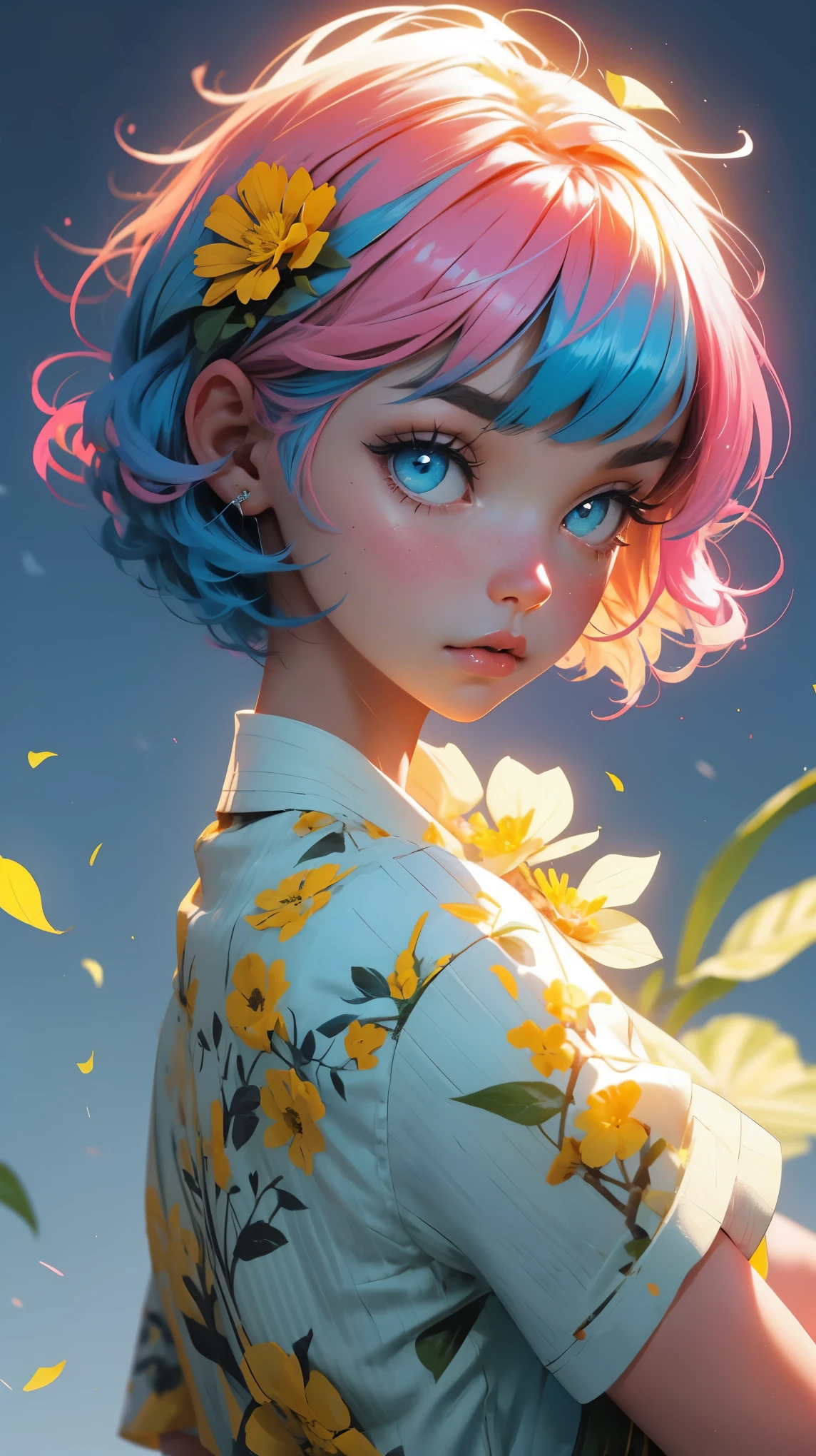YXYcolor,1girl, only, pink and blue hair, Flower, hair ornament, hair flower, short curly hair, upper body, bangs, Looking at the viewer, Simple background, leaf, Bob Cut, Plant, shirt, Blue shirt, blunt bangs, yellow flower, red lips, blue eyes