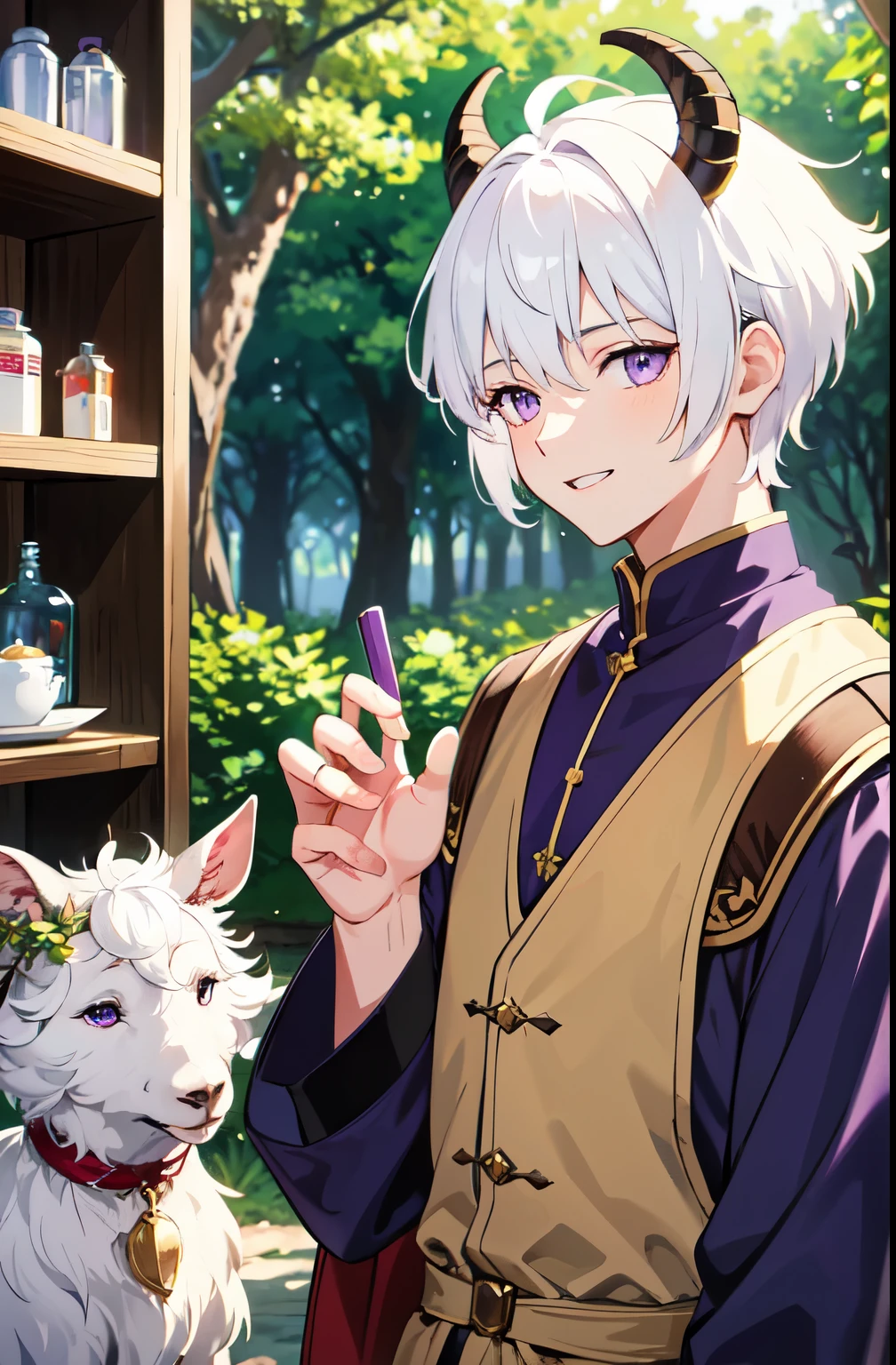 artwork, 8k! Animated Illustration, masterpiece, highly detailed 8k CG unit wallpapers, Incredibly bright colors, White Hair、Goat horns、Purple Eyes、male、Fantasy、Pharmacy、House surrounded by forest、The herbs are dried、Laughing、short hair、boy、Berry Short、Upper Body、front、
