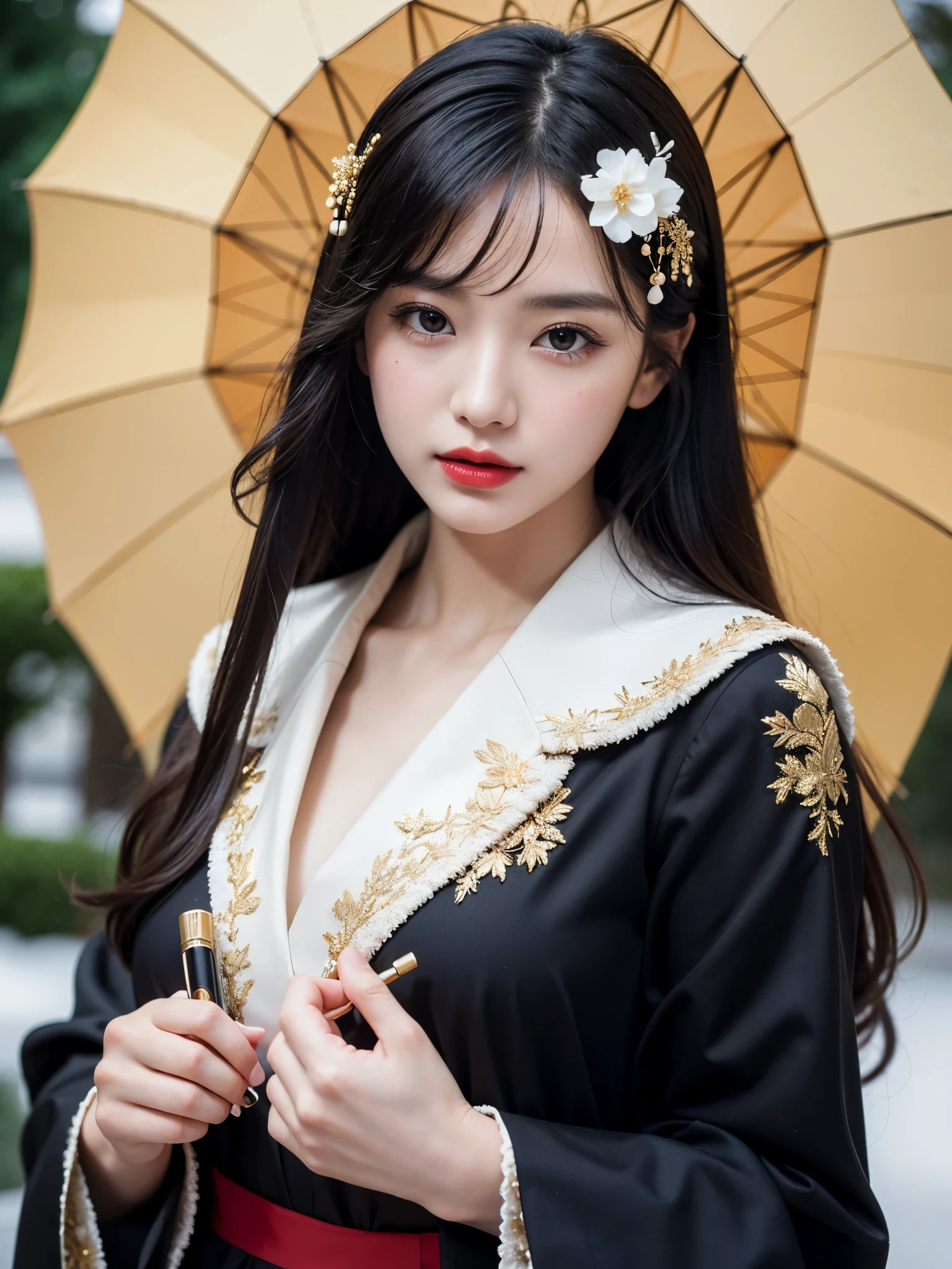 Warm Snow,1girl,solo,umbrella,oil-paper umbrella,blurry,looking at viewer,hair ornament,red lips,upper body,black hair,chinese clothes,depth of field,lips,blurry background,realistic,bokeh,makeup,lipstick,
best quality,masterpiece,illustration,an extremely delicate and beautiful,CG,unity,8k wallpaper,Amazing,finely detail,masterpiece,official art,extremely detailed CG unity 8k wallpaper,incredibly absurdres,huge filesze,ultra-detailed,highres,extremely detailed,beautiful detailed girl,realistic,
