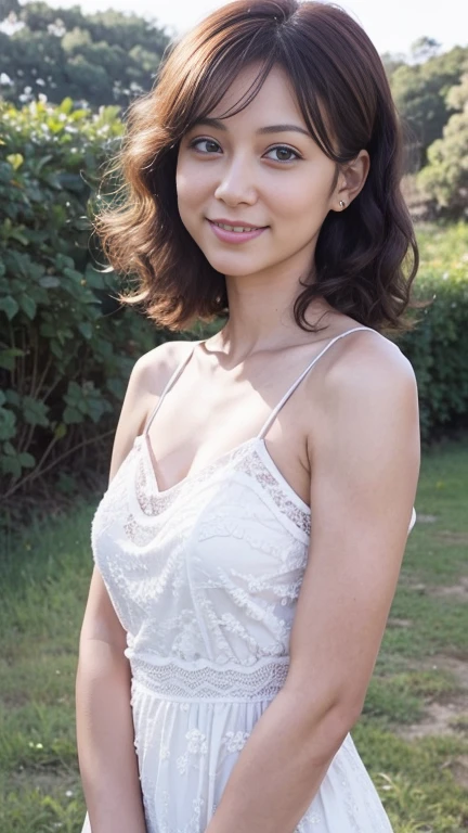 (1girll:1.2),(8K, Best quality, tmasterpiece), (Realistic, photo-realistic:1.37), ultra - detailed, adolable, solo, cute Japan woman,brown hair,By bangs, curlies, hair over shoulders, Beautiful and delicate eyes,Eyes speak,long eyelasher, ssmile,Moisturizes skin,V-neck white lace dress,Magnificent view,Titillating,Very sexy,and the sun was shining brightly,Beautiful detailed sky