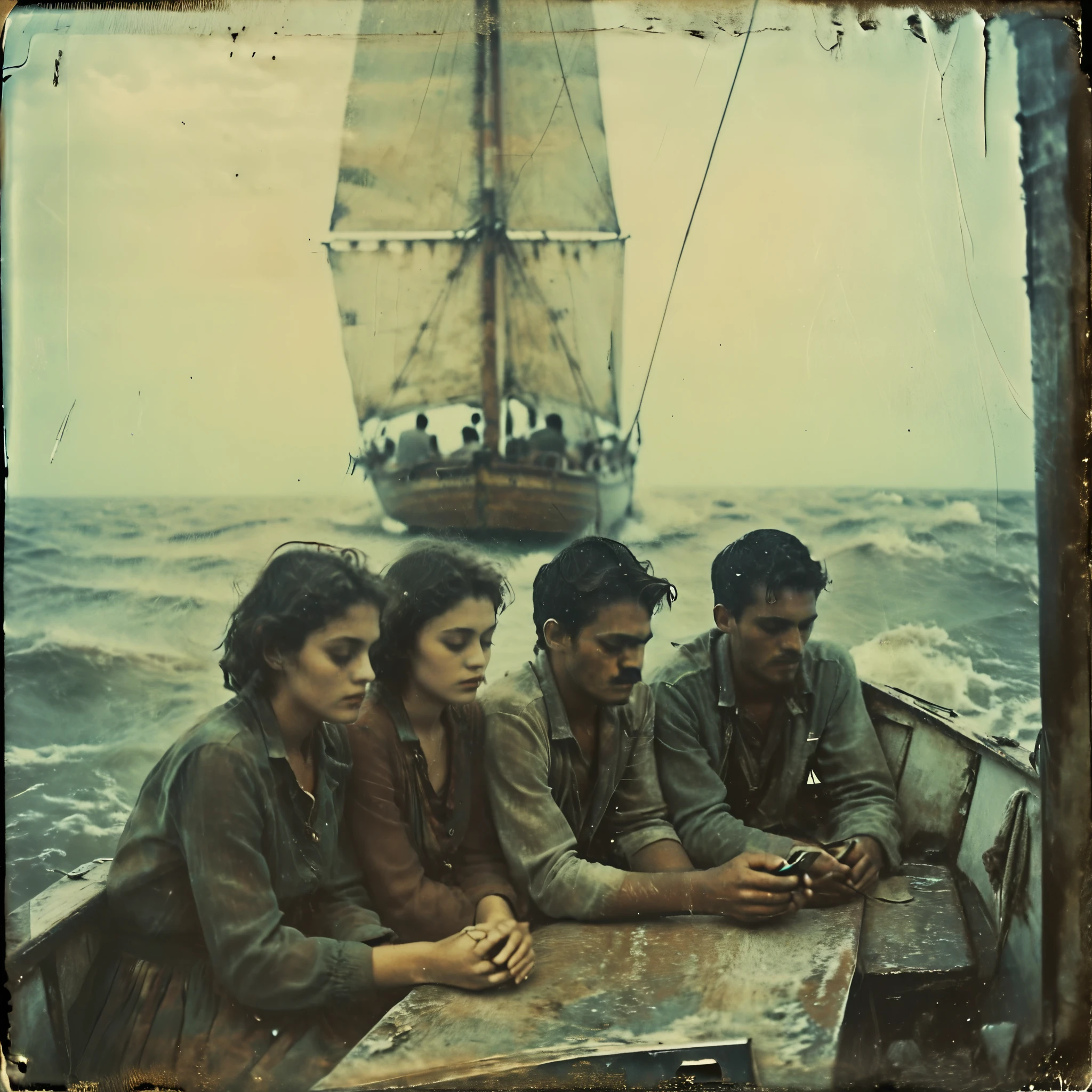 side-view, perspectivegrainy, polaroid, 35mm vintage, super realistic old photo, old camera, heavy shading, eerie, horror 4 young adults sleeping on a sail-boat in the Atlantic ocean, hungover, sea-sick, seen from side